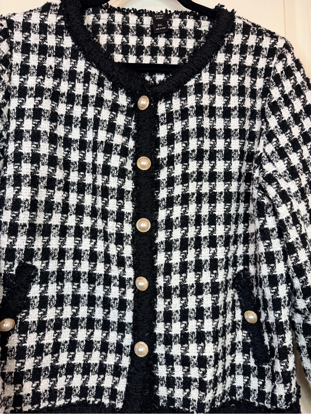 SHEIN Curve Black White Tweed Pearl Button Jacket 0XL